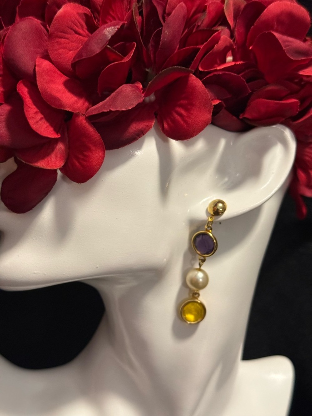 gold-tone drop earrings featuring imitation pearls and colored stones